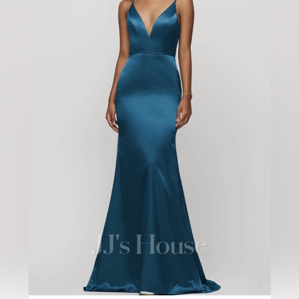 JJs House Teal Satin Plunging V-Neck Mermaid Maxi Dress